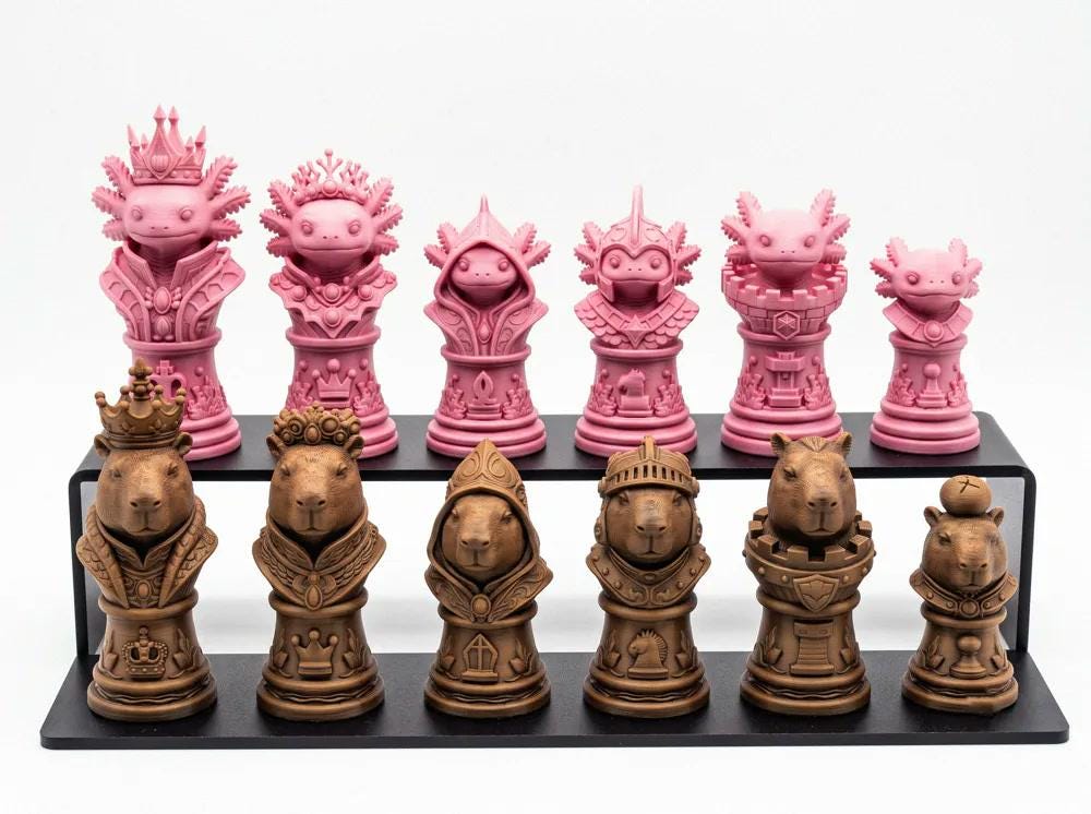 Capybara-gegen-Axolotl-Schachfigurenset – komplettes 32-teiliges Schachset – Ansicht 6