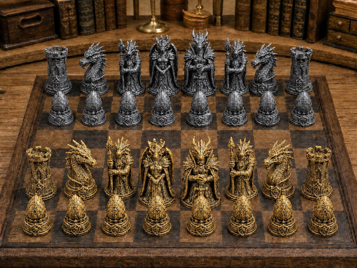 Drachenkönigreich – komplettes 32-teiliges Schachfigurenset – Ansicht 1