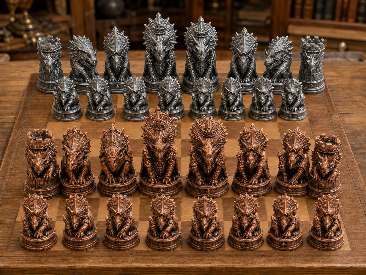 Triceratops-Königreich – komplettes 32-teiliges Schachfigurenset – Ansicht 2