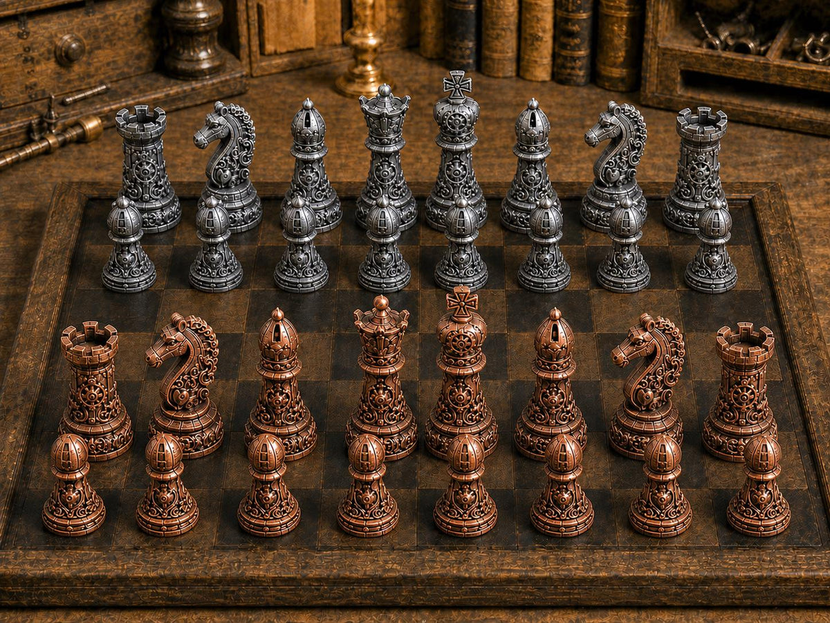 Steampunk-Ritter – komplettes 32-teiliges Schachfigurenset – Ansicht 2