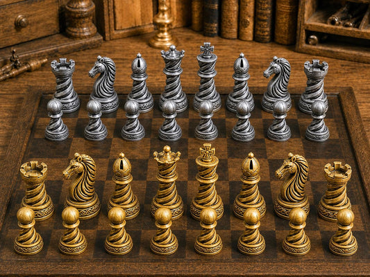 Dynamische Spiralen – komplettes 32-teiliges Schachfigurenset – Ansicht 1