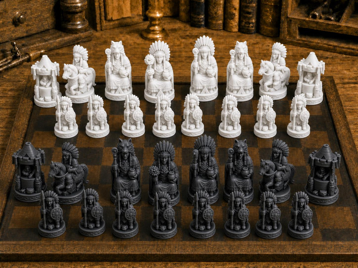 Erbe der Großen Ebenen – komplettes 32-teiliges Schachfigurenset – Ansicht 3