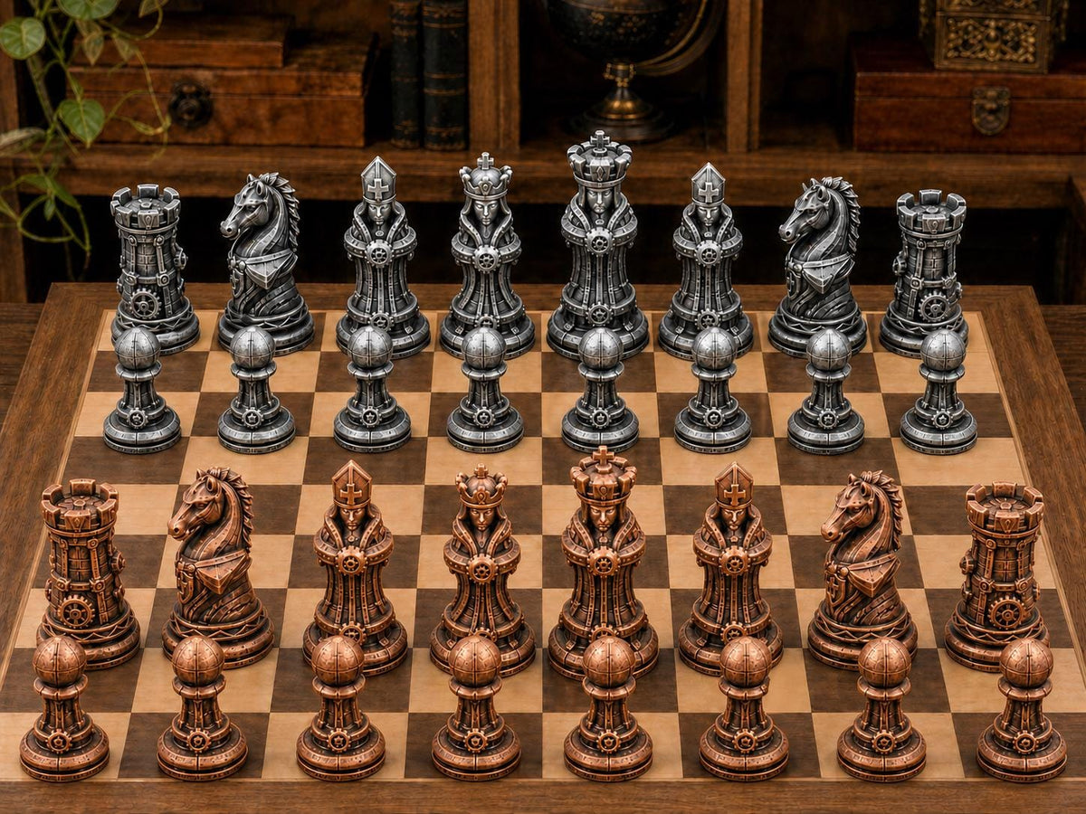Steampunk-Außerirdische – komplettes 32-teiliges Schachfigurenset – Ansicht 2