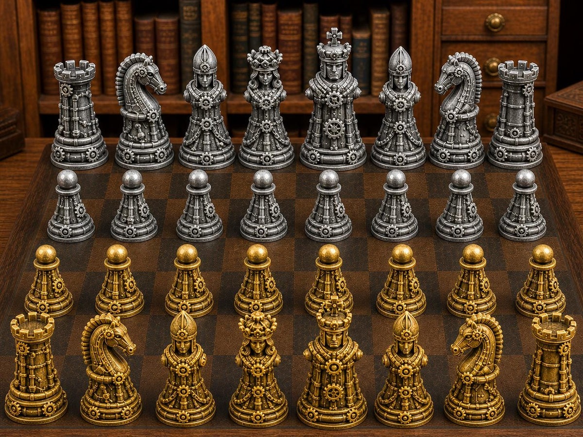 Metallischer Steampunk – komplettes 32-teiliges Schachfigurenset – Ansicht 1