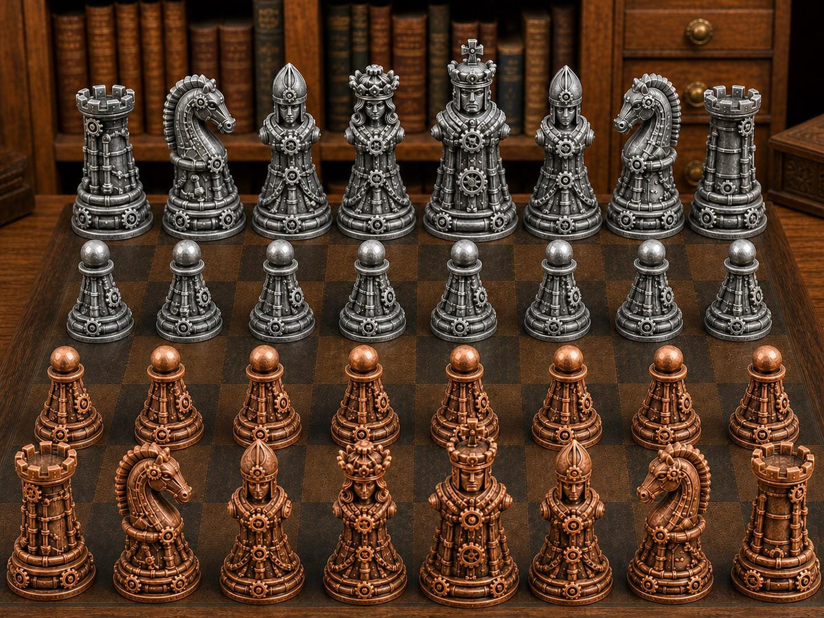 Metallischer Steampunk – komplettes 32-teiliges Schachfigurenset – Ansicht 2