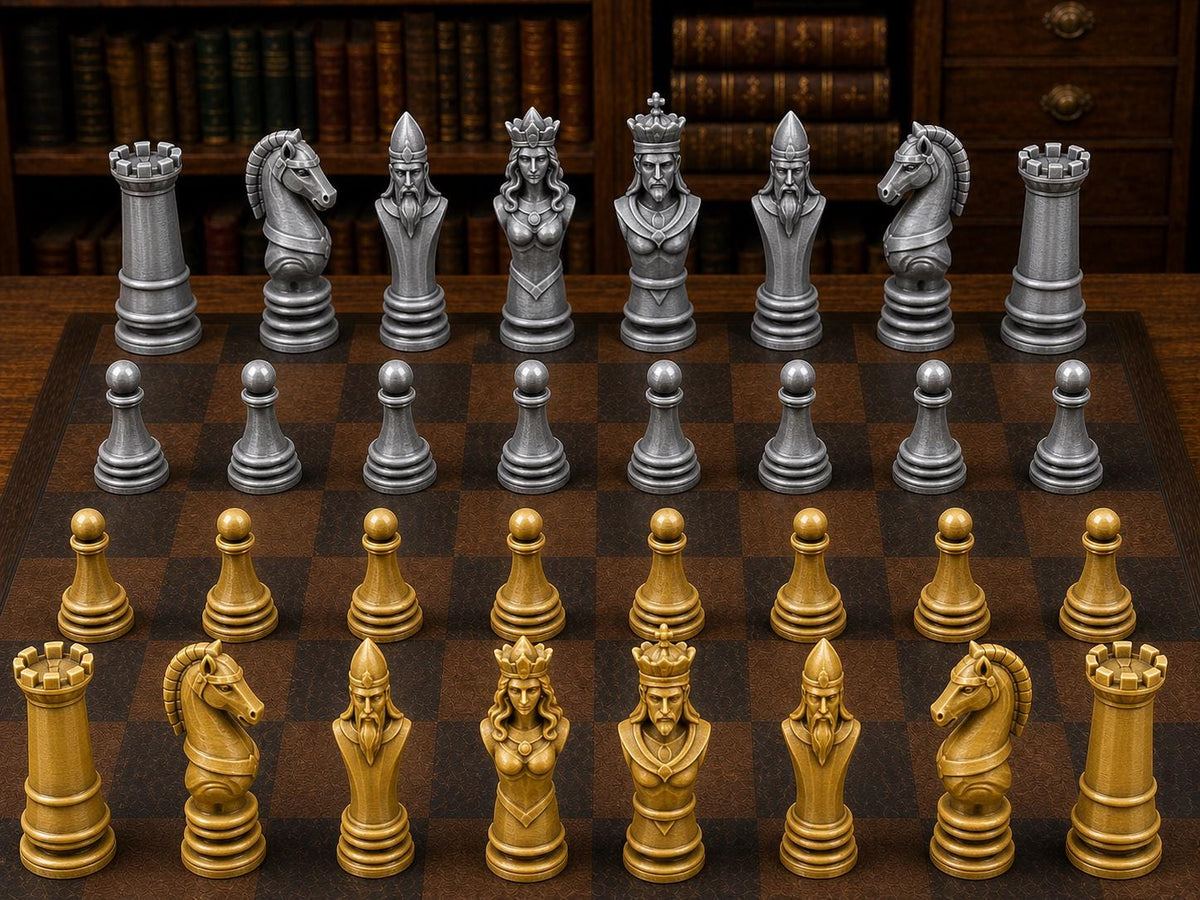 Skulpturaler Königshof – komplettes 32-teiliges Schachfigurenset – Ansicht 1