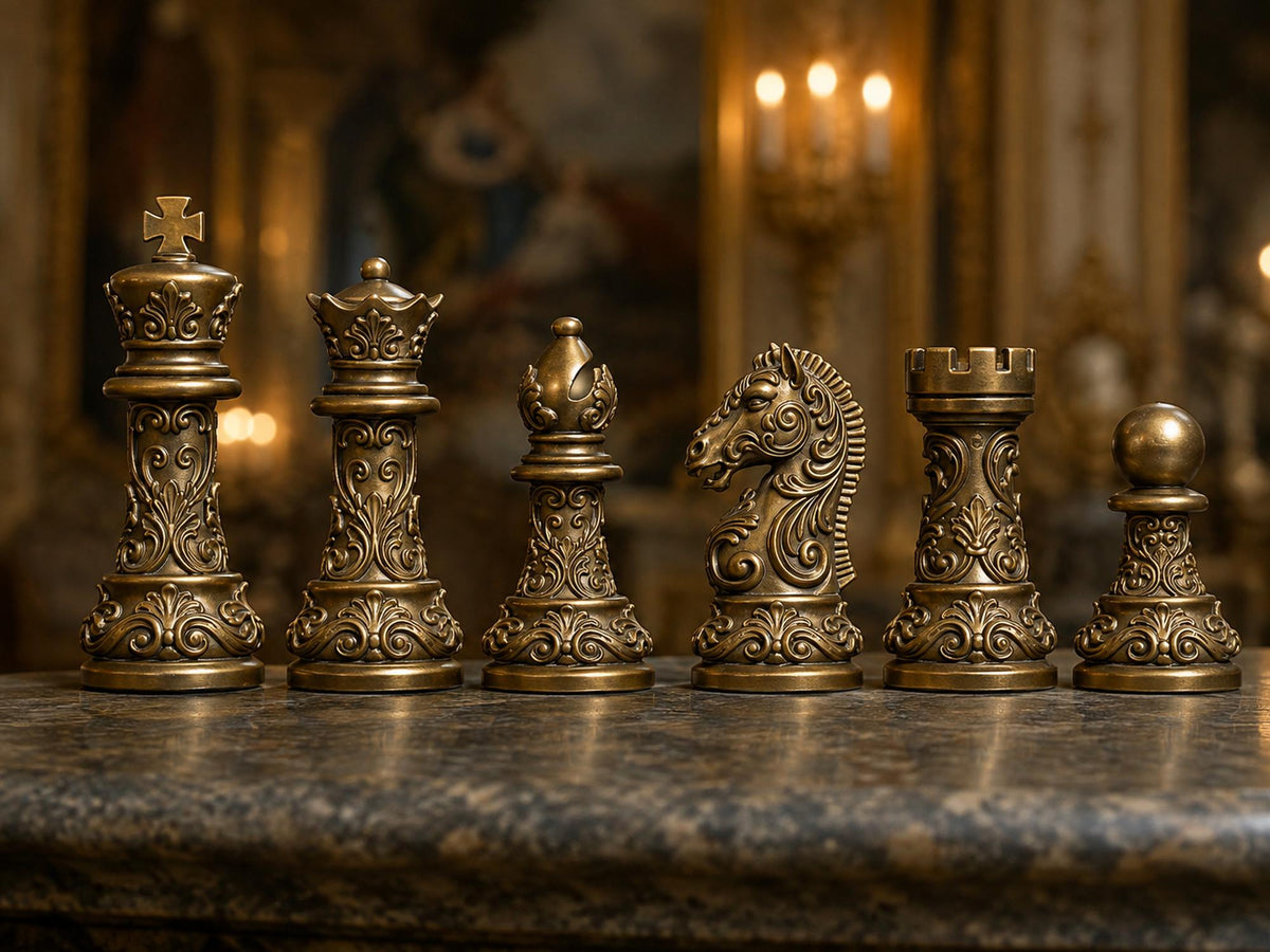 Barock-Staunton-Schachfigurenset mit Akanthus-Ornamenten – 32-teilig – Ansicht 2