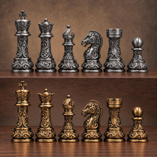 Barock-Staunton-Schachfigurenset mit Akanthus-Ornamenten – 32-teilig – Ansicht 1